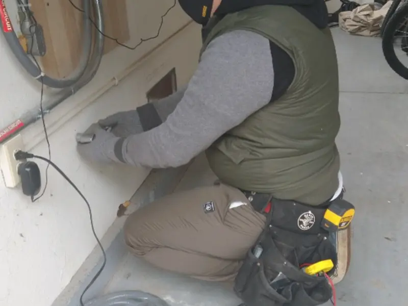 Electrician performing outlet wiring in a Ross garage
